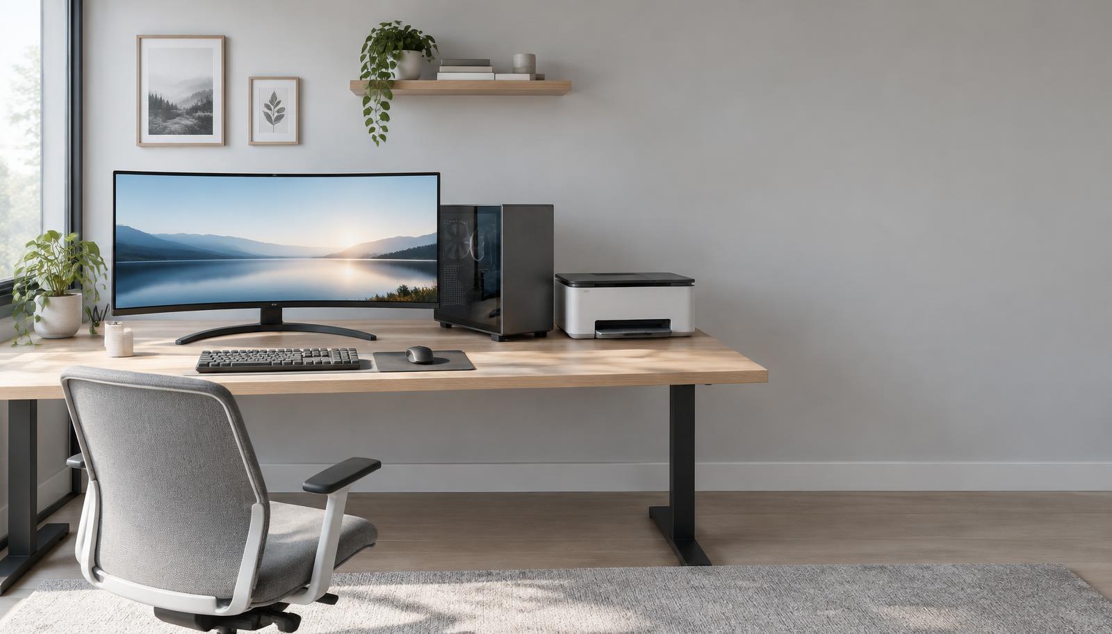 A modern home office with a curved monitor, desktop computer and printer